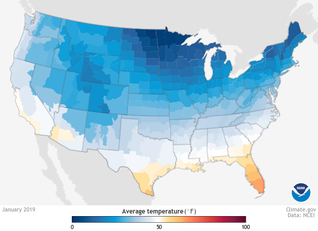 All shades of blue represent an average temperature below 50°F. The darker the colder